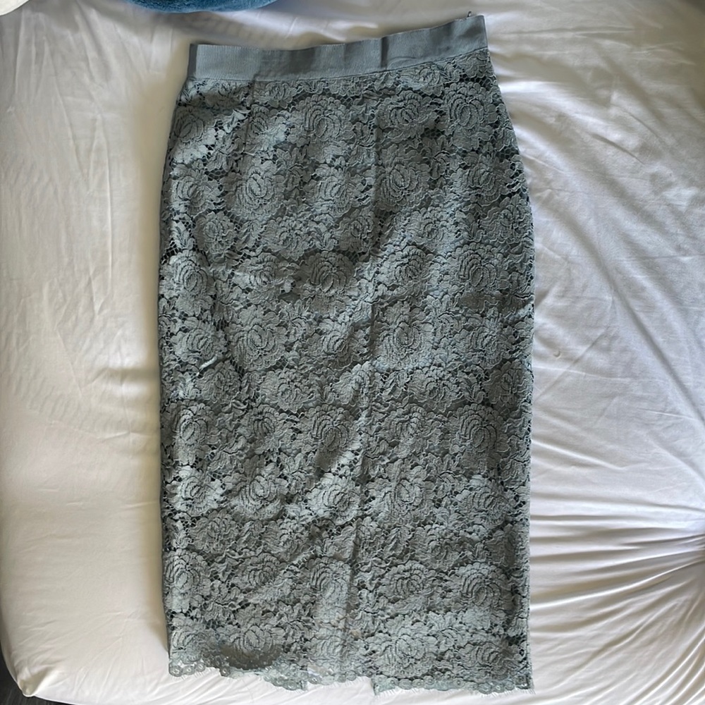 Dusty blue floral lace skirt, high-waist